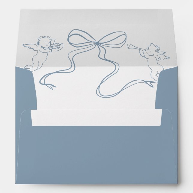 Whimsical Cherub Dusty Blue Wedding Envelope (Back (Bottom))