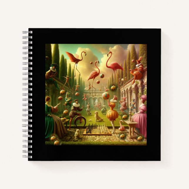 "Whimsical Chess & Flamingo Carnival – Fantasy Notebook (Front)