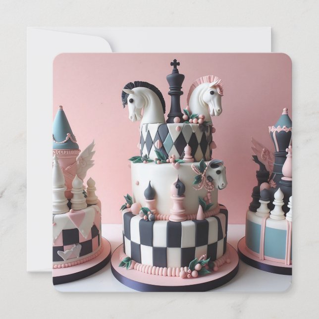 WHIMSICAL CHESS THEMED BIRTHDAY CAKE CARD (Front)