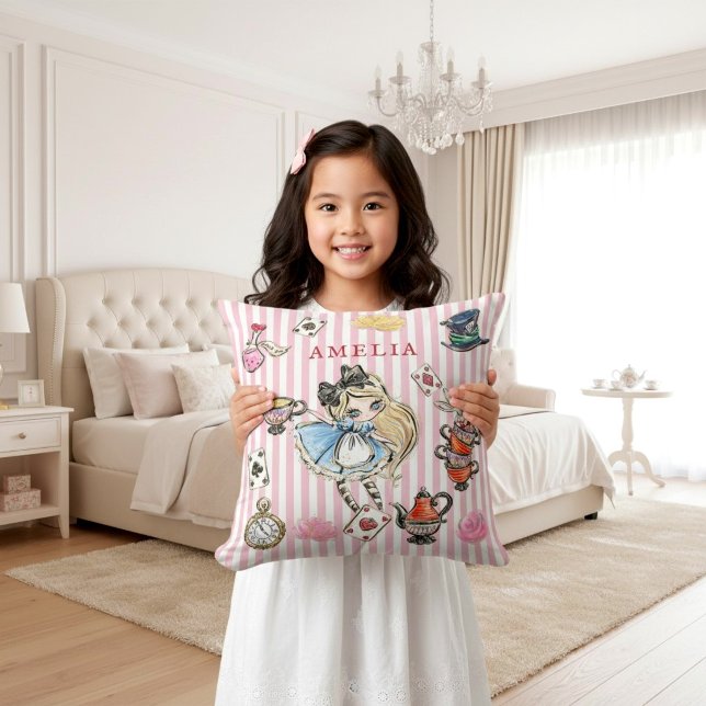 Whimsical Chibi Alice Pink Stripe Accent Pillow (Creator Uploaded)