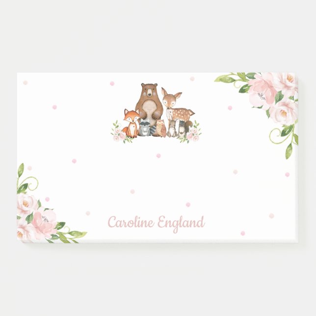 Whimsical Chic Blush Floral Woodland Animals Post-it Notes (Front)