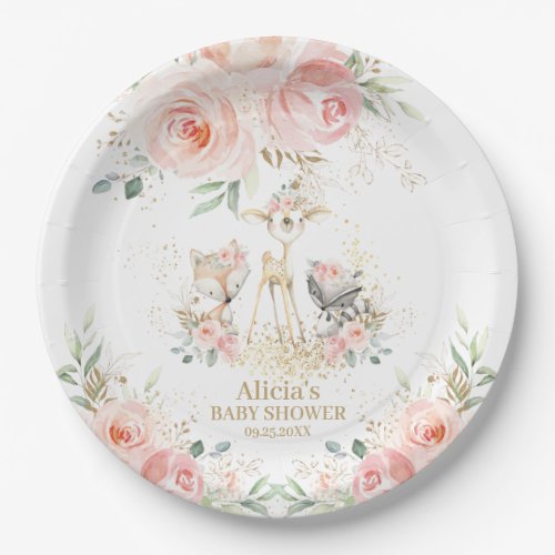 Whimsical Chic Blush Pink Floral Woodland Animals Paper Plates