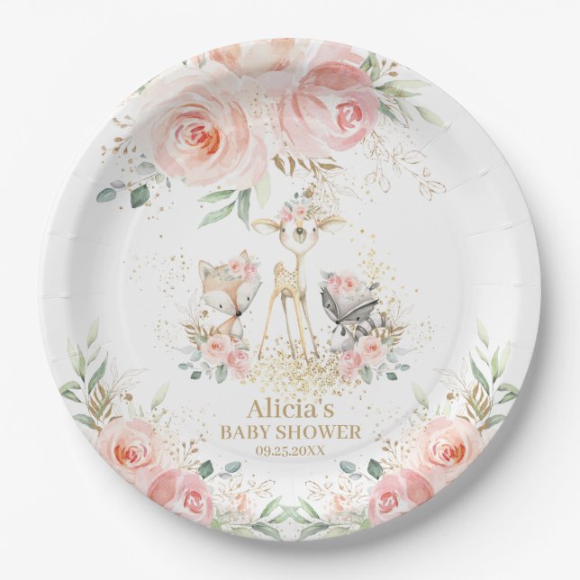 Whimsical Chic Blush Pink Floral Woodland Animals Paper Plates (Front)