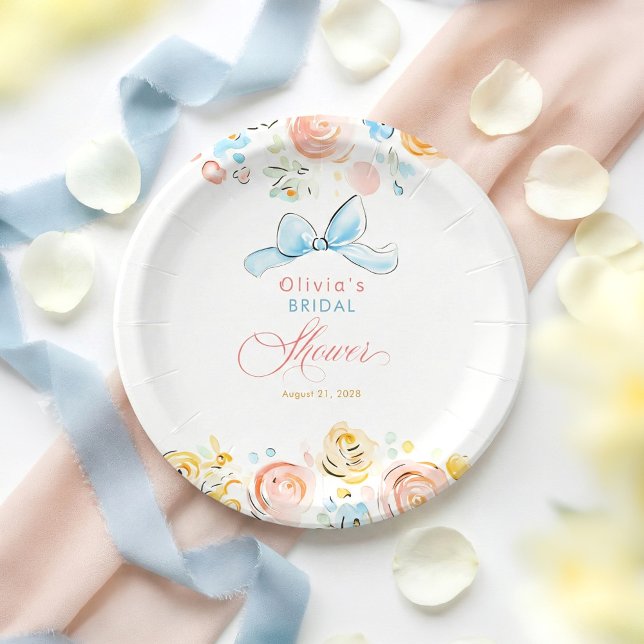 Whimsical Chic Elegant Hand Drawn Bridal Shower Paper Plates (Floral Whimsical Bow Paper Plates for Shower)
