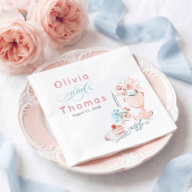 Whimsical Chic Elegant Hand Drawn Wedding Napkins (Dusty Blue and Pink Whimsical Hand-illustrated Doodles Napkins for Wedding Reception)