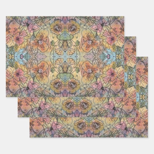 Whimsical Chic Flower Garden Watercolor Painting  Wrapping Paper Sheets