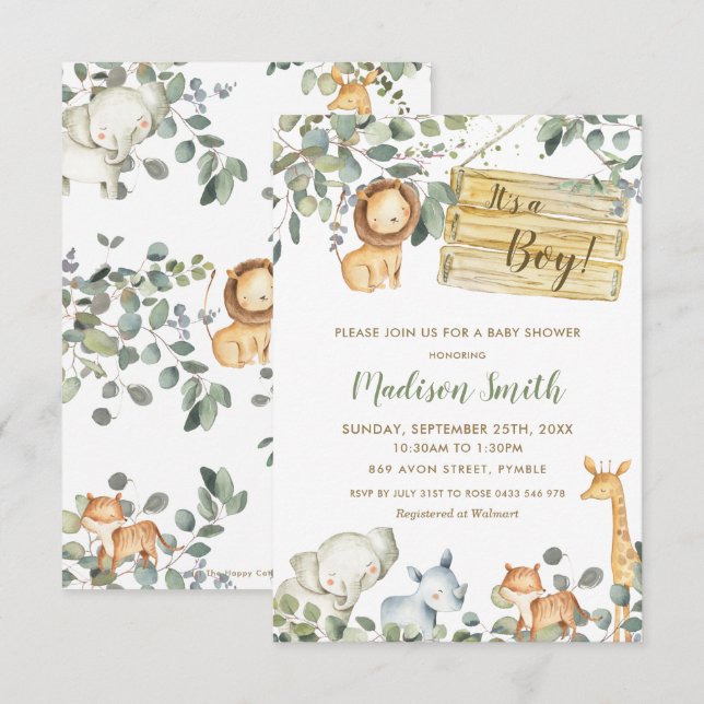 Whimsical Chic Greenery Jungle Animals Baby Shower Invitation (Front/Back)