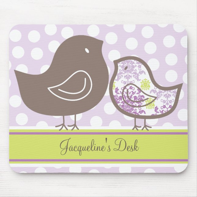 Whimsical Chic Lavender Purple Sweet Damask Chicks Mouse Pad (Front)