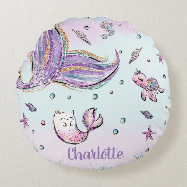 Whimsical Chic Mermaid Tail Under the Sea Girl Round Pillow (Front)