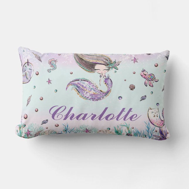 Whimsical Chic Mermaid Under the Sea Girl Bedroom Lumbar Pillow (Front)