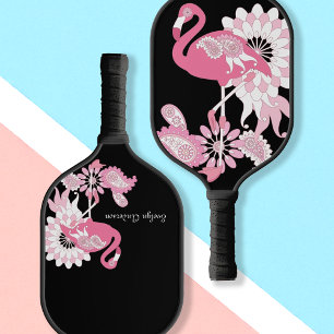 Whimsical Chic Modern Black Paisley Pink Flamingo Pickleball Paddle