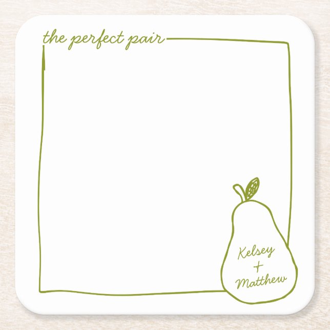 Whimsical & Chic Personalized Funny Pear Wedding  Square Paper Coaster (Front)
