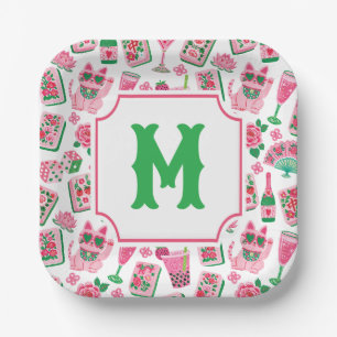 Whimsical Chic Pink & Green Mahjong Party Monogram Paper Plates