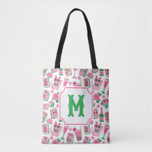 Whimsical Chic Pink & Green Mahjong Party Monogram Tote Bag
