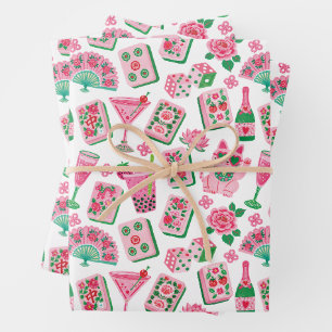 Whimsical Chic Pink & Green Mahjong Party Wrapping Paper Sheets
