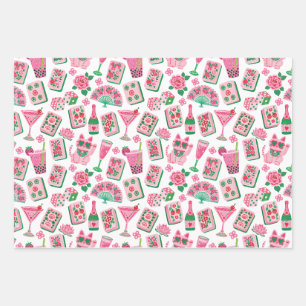 Whimsical Chic Pink & Green Mahjong Party Wrapping Paper Sheets