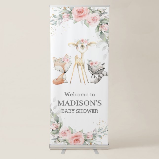Whimsical Chic Woodland Animal Pink Floral Welcome Retractable Banner (Front)