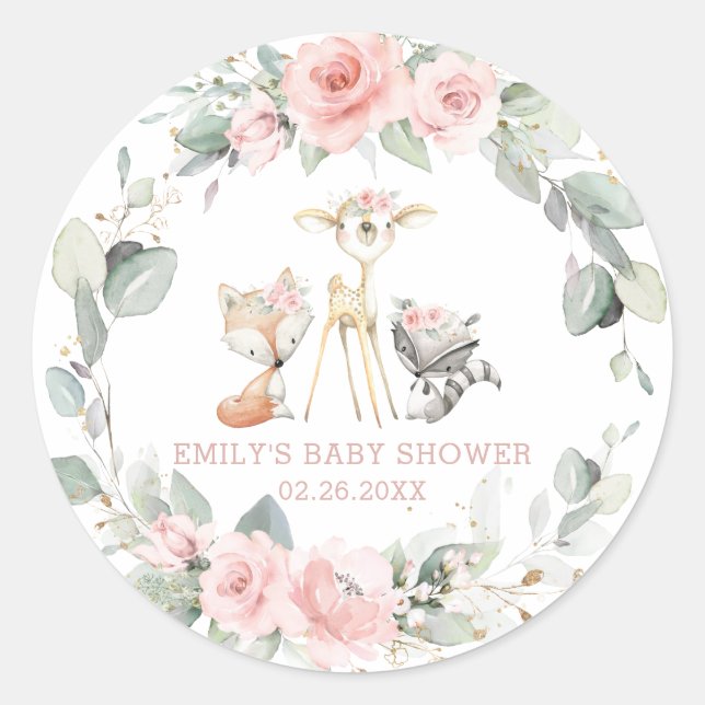 Whimsical Chic Woodland Animals Pink Floral Favor Classic Round Sticker (Front)