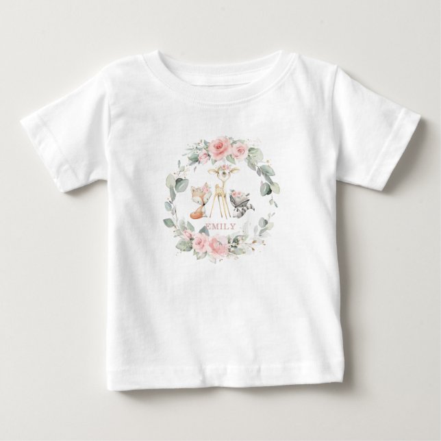 Whimsical Chic Woodland Blush Pink Floral Baby T-Shirt (Front)