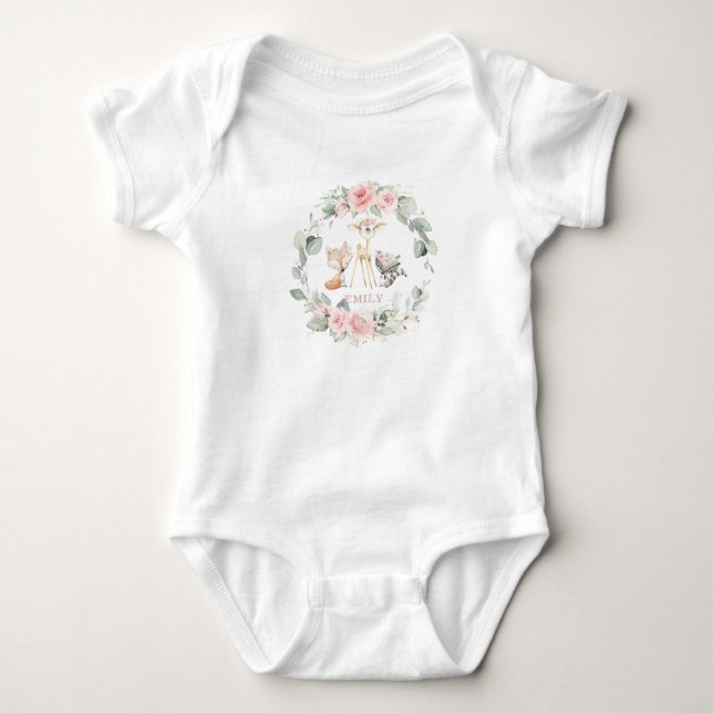 Whimsical Chic Woodland Blush Pink Floral Girl Baby Bodysuit (Front)