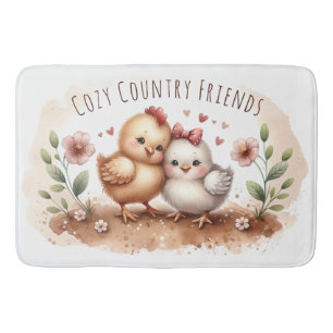 Whimsical Chick Duo Cottagecore Watercolor Bath Mat