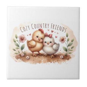 Whimsical Chick Duo Cottagecore Watercolor Ceramic Tile