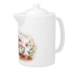 Whimsical Chick Duo Cottagecore Watercolor Teapot