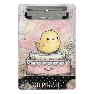Whimsical Chick Floral Watercolor Art Mini Clipboard