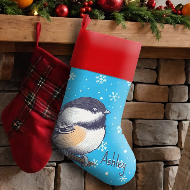 Whimsical Chickadee Cute Bird & Snowflakes On Blue Christmas Stocking (Charming chickadee Christmas stocking with snowflakes personalized with name for cozy holiday cheer.)