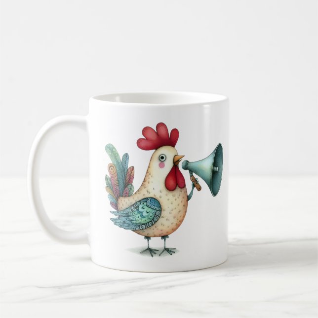 Whimsical Chicken or Rooster Illustration Folk Art Coffee Mug (Left)