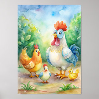Whimsical Chicken Watercolor Poster