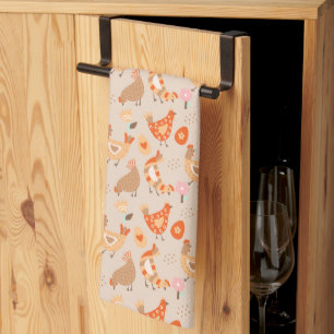 Whimsical Chickens Hens Farm Bird Pattern Kitchen Towel