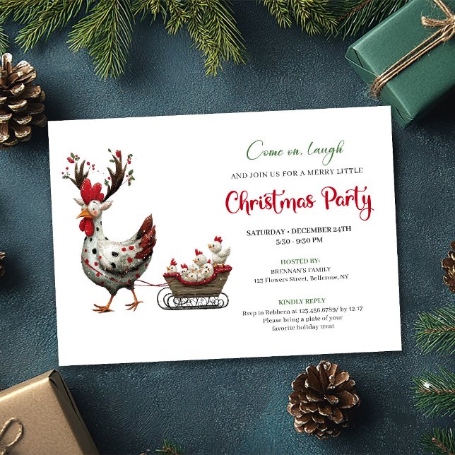 Whimsical Chickens Minimalist Christmas Party Card (Whimsical Chickens Minimalist Christmas Party Card)