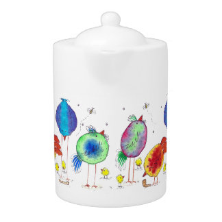 Whimsical Chickens White Porcelain Teapot