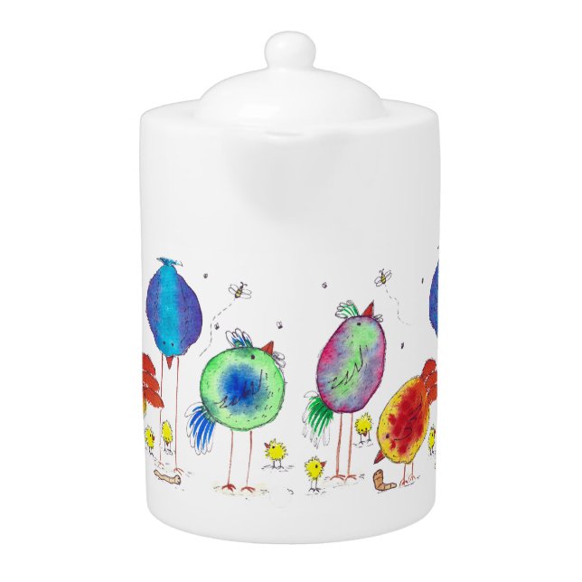 Whimsical Chickens White Porcelain Teapot (Front)