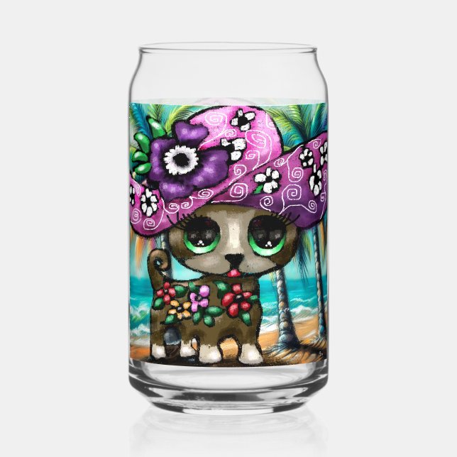Whimsical Chihuahua Dog on Vacation Palm Trees Can Glass (Front)