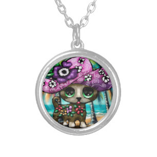 Whimsical Chihuahua Dog on Vacation Palm Trees Silver Plated Necklace
