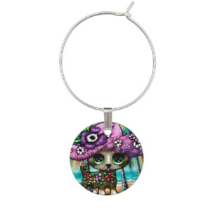 Whimsical Chihuahua Dog on Vacation Palm Trees Wine Charm