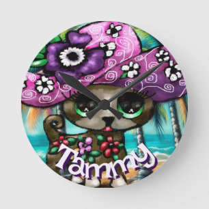 Whimsical Chihuahua Dog Palm Trees Personalized Round Clock