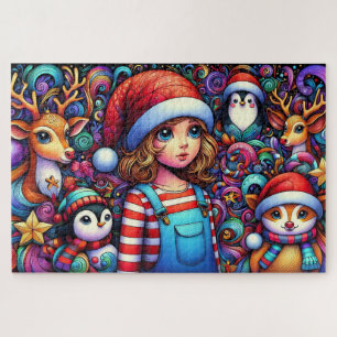 Whimsical Child and Animals Christmas Jigsaw Puzzle