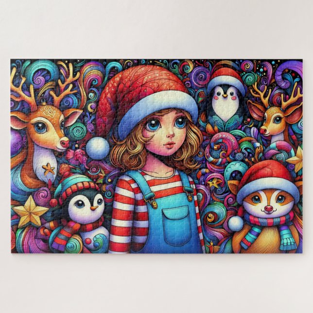 Whimsical Child and Animals Christmas  Jigsaw Puzzle (Horizontal)