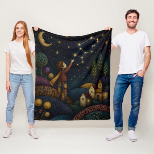 WHIMSICAL CHILD REACHING FOR STARS FLEECE BLANKET