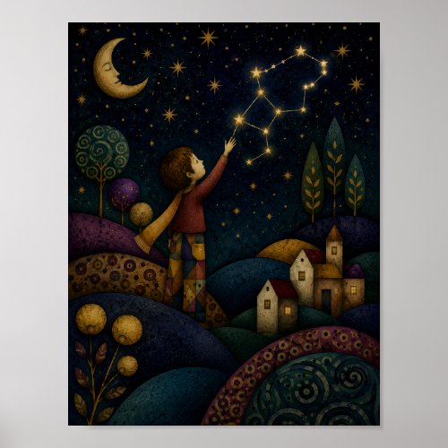 WHIMSICAL CHILD REACHING FOR STARS POSTER