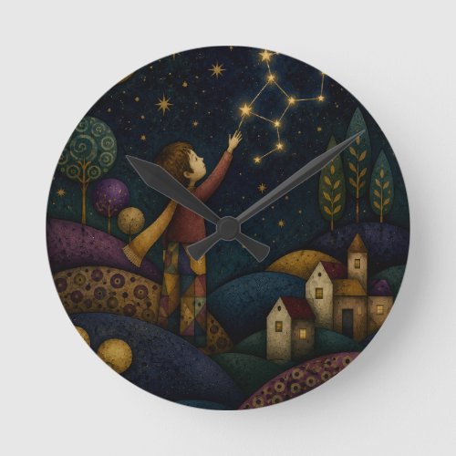 WHIMSICAL CHILD REACHING FOR STARS ROUND CLOCK