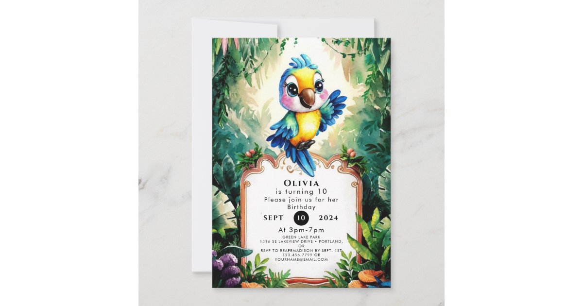 Whimsical Children Parrot Birthday Invitation | Zazzle