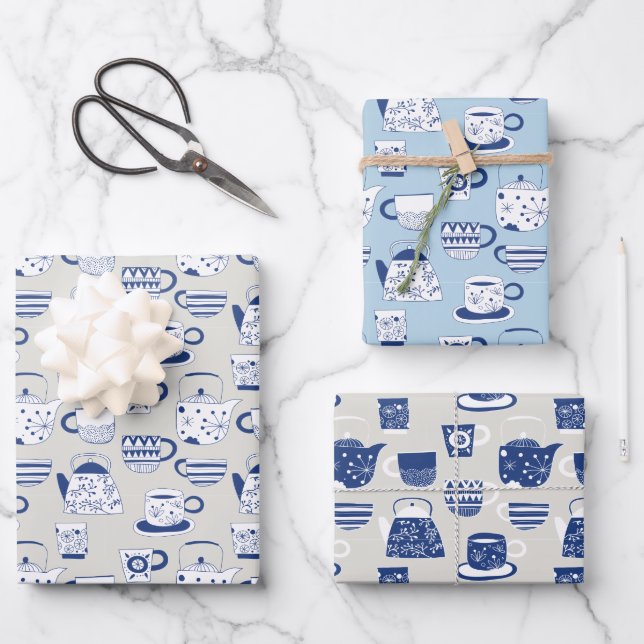 Whimsical Chinese Japanese Korean Teapots Teacups Wrapping Paper Sheets (Front)
