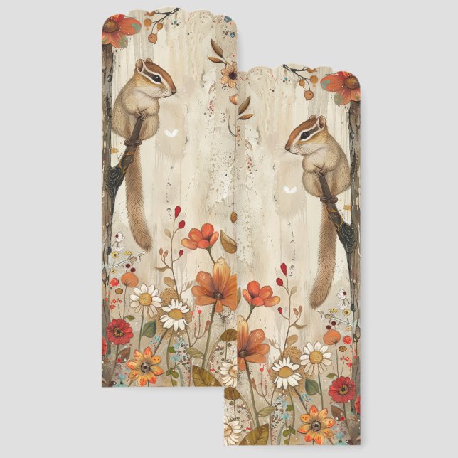 Whimsical Chipmunk and Flowers Illustration Bookmarks (Front & Back)
