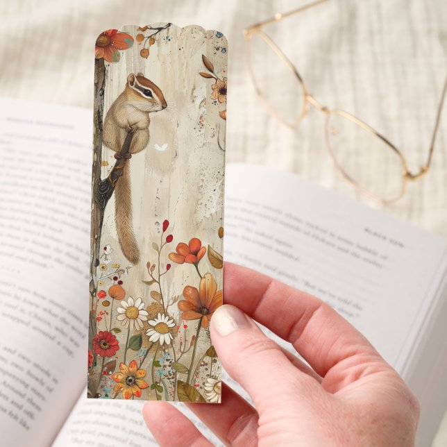 Whimsical Chipmunk and Flowers Illustration Bookmarks (Hand)
