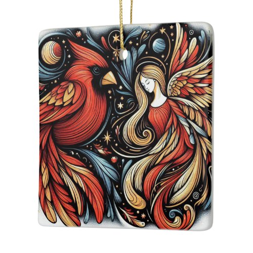 Whimsical Christmas Angel and Cardinal Ceramic Ornament