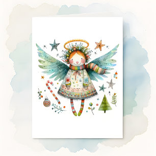 Whimsical Christmas Angel Modern Folk Art Style Card